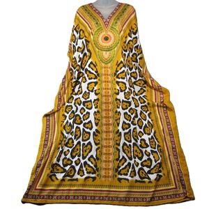 Sante Classics Kaftan OS Gold Black Leopard Print Kimono Tribal Glam House Dress